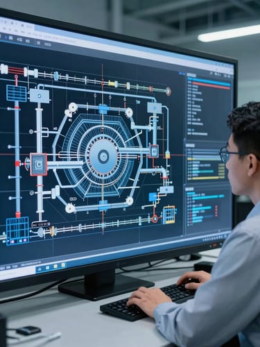 An industrial engineer in technical gear reviewing a complex 3D BIM cooling system model on a high-resolution screen inside a control room, cool metallic blue tones, sharp focus