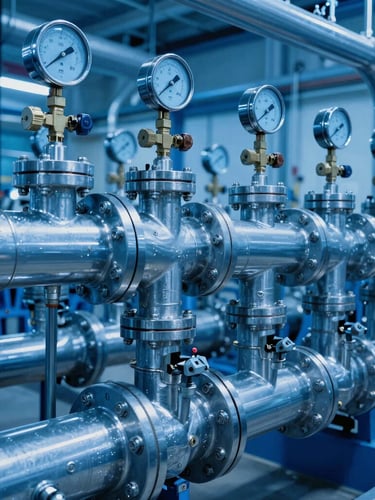 Close-up of industrial chiller manifold piping with heavy metallic valves and pressure gauges, cool blue ambient lighting with sharp metallic highlights, 35mm technical perspective.