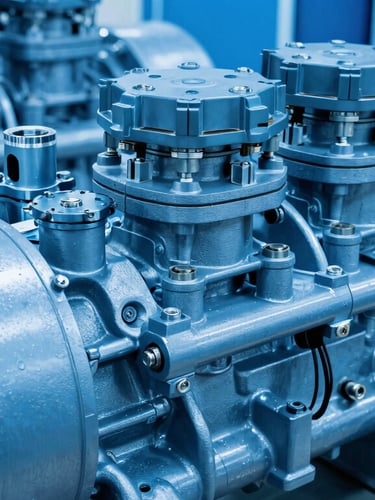 Close-up of a high-capacity industrial chiller compressor and valves, cool blue ambient light, sharp metallic textures, 35mm.