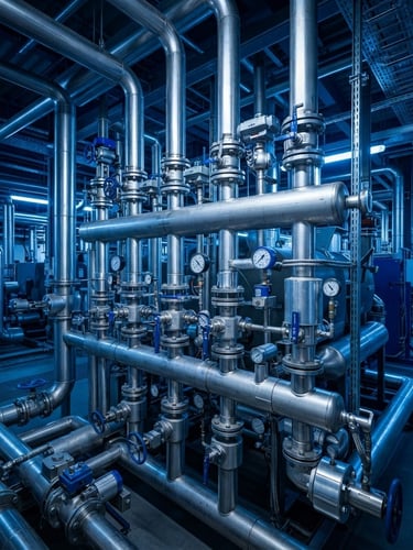 Massive industrial chiller manifolds and stainless steel pipes with pressure gauges, high-contrast cool blue lighting, sharp technical perspective, 35mm.