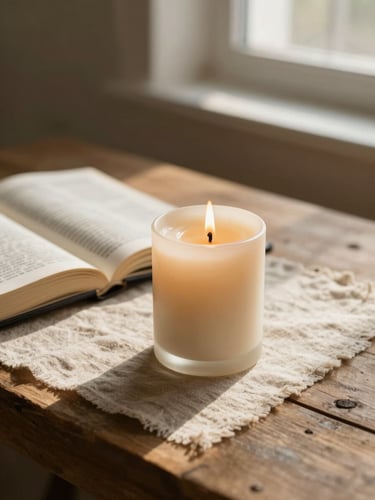 Close-up of a lit soy candle on a rustic wooden table next to an open Bible, warm morning window light casting soft shadows on linen fabric.