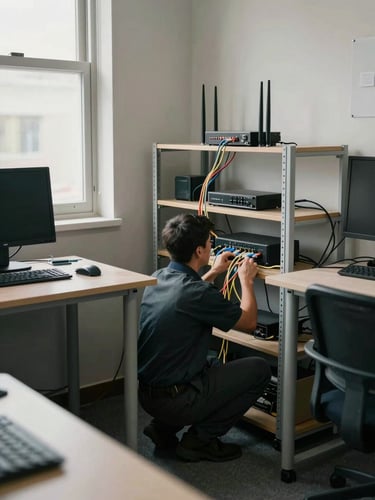Wide shot of a small office corner, a technician crouching behind a desk routing ethernet cables through a cable tray, router and switch visible on a shelf, natural daylight from a window to the left, ordinary office furniture and a desktop monitor in frame