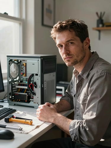 Close-up portrait, wide shot of a man in a plain work shirt crouching beside an open computer tower on a desk in a real home office, tools laid out on a cloth beside him, natural daylight from a window to the left casting soft shadows, direct confident gaze toward camera, real domestic interior visible in background