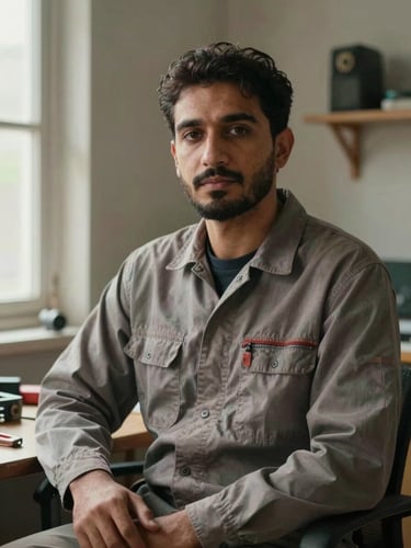 Direct-confidence portrait of Abdul facing the camera in a real home-office setting, natural window light from the left, wearing plain work clothes, tools visible on the table beside him