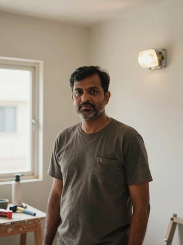 Medium shot of Abdul Malik at a real job site, facing the camera with quiet confidence, a light fixture partially installed on the wall behind him, natural daylight from a nearby window, tools visible on a workbench to one side, ordinary Indian home interior