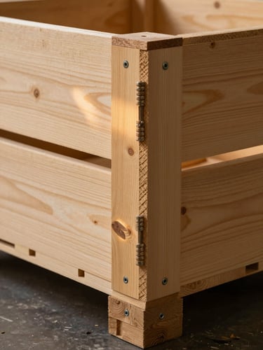 Extreme close-up raking side-light on the corner joinery of a heavy-duty wooden shipping crate, finger-joint corners and through-bolt hardware in sharp focus, warm amber factory light from the left catching the raised grain of rough-sawn pine, dark industrial floor visible in the lower edge, no people, no text