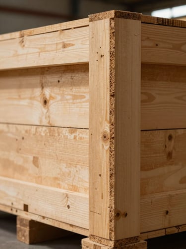 Extreme close-up from the right side of a heavy industrial wooden crate corner joint under raking side-light in a warehouse, pinewood grain and mortise detail sharply rendered, warm amber tones from natural facility light, wide negative space to the left of frame