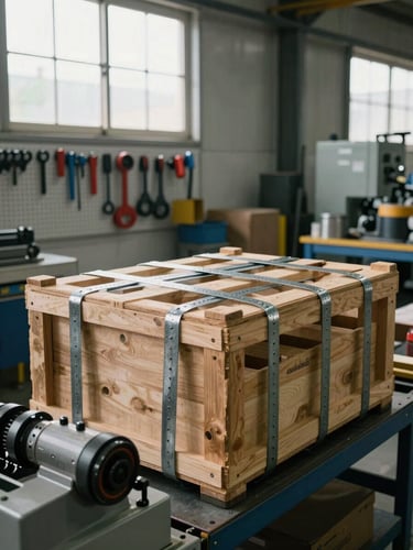 Environmental wide shot of a factory packing station, a wooden crate being strapped with steel banding under raking side-light from a high warehouse window, load-securing equipment visible in the foreground, organized tools hanging on a pegboard behind, no workers present