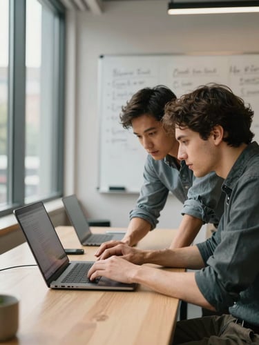 Wide left-edge frame of a coworking common area at midday, two members leaning over a laptop together near a window, warm ambient daylight spilling across their hands and the screen, a whiteboard with handwritten notes softly blurred in the background