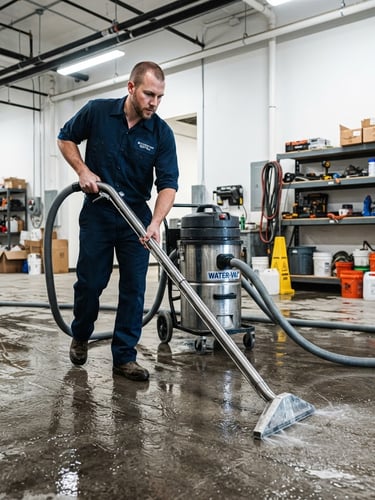 Action shot of a professional technician in a clean navy uniform operating a large industrial water extraction vacuum on a wet concrete floor, bright utility lighting, sharp documentary style