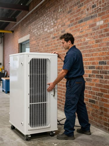 Sharp documentary photograph of a technician in a clean navy uniform placing a heavy-duty industrial dehumidifier near a brick wall inside a Bronx commercial property, bright clean utility lighting.