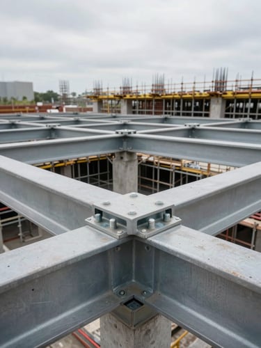 Wide panoramic shot of a structural steel connection node on a large-scale construction site, bolted beam flanges and gusset plates in sharp foreground focus, scaffolding and unfinished concrete frame receding into depth, natural overcast daylight creating even industrial light across the metalwork, no people