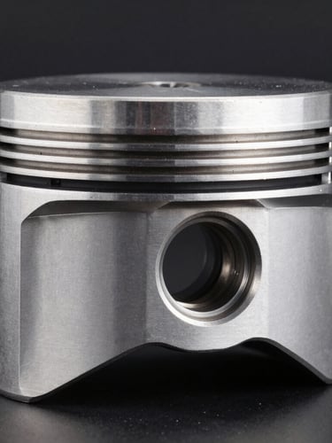 Macro studio shot of a pristine metallic automotive piston, sharp technical highlights, deep black background, clean commercial automotive photography