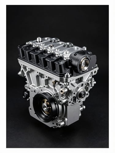 Studio shot of a pristine, high-performance automotive engine component, sharp metallic highlights, deep black background, technical commercial photography.