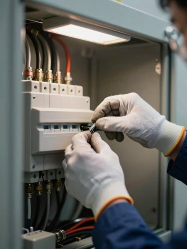 Close-up of a technician's gloved hands tightening a terminal on an electrical panel, overhead work light casting hard shadows on the metal components, ambient site lighting from a nearby window, no face visible