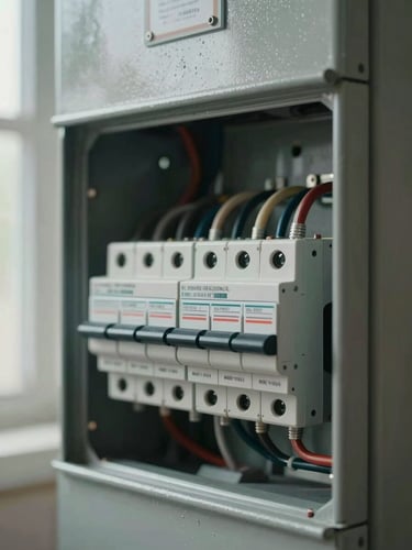 Close-up of a repaired residential electrical panel, circuit breakers clearly labeled, ambient daylight from a nearby window illuminating the metal enclosure, wiring routed cleanly inside the box