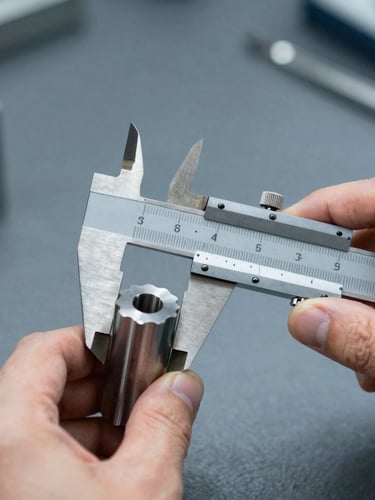Macro shot of hands measuring a precision steel component with calipers in a cool-lit industrial lab, sharp technical focus, 35mm lens
