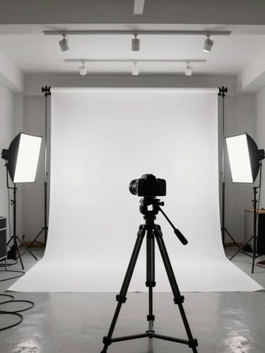 Wide environmental shot of a photography studio interior, a large white seamless backdrop pulled down and lit by two studio strobes on stands, a camera on a tripod positioned in the foreground aimed at the backdrop, equipment cables running along the clean floor, no people present, shot from a slight low angle showing the full height of the ceiling track