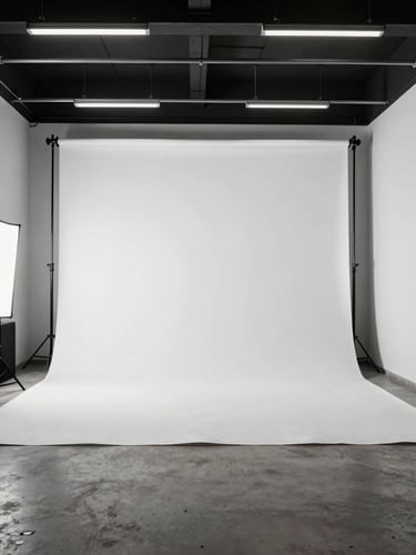 Wide environmental shot of an empty photography studio bay, ceiling-rail strobe rigs casting clean key light on a seamless white backdrop, concrete floor visible in the foreground, no people, studio equipment standing ready at the left edge of frame