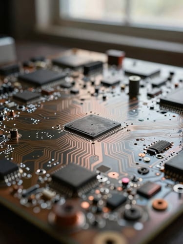 Wide shot of a complex circuit board with subtle light reflections, in soft natural window light, deep shadows, muted petroleum and copper tones, shallow depth of field, 35mm