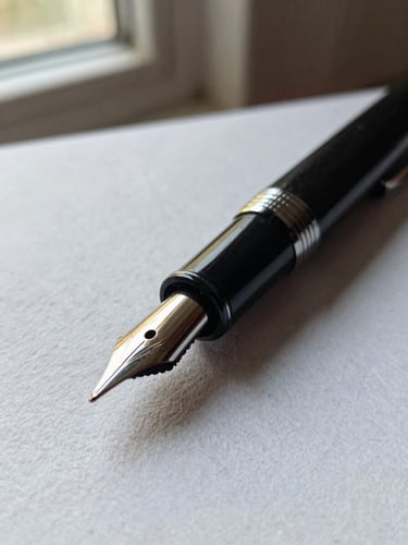 Macro close-up of a classic black fountain pen resting on heavy textured cotton paper, soft natural overcast light from a side window, shallow depth of field, quiet luxury aesthetic.