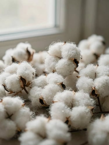 Close-up portrait of raw organic cotton fibers, soft morning light highlighting the texture, delicate and natural, shallow depth of field.