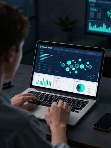 Over-the-shoulder shot of a financial analyst looking at a sleek laptop displaying clean Power BI dashboards with teal and neon-blue glowing nodes, dark-mode tech environment, moody low-key lighting.