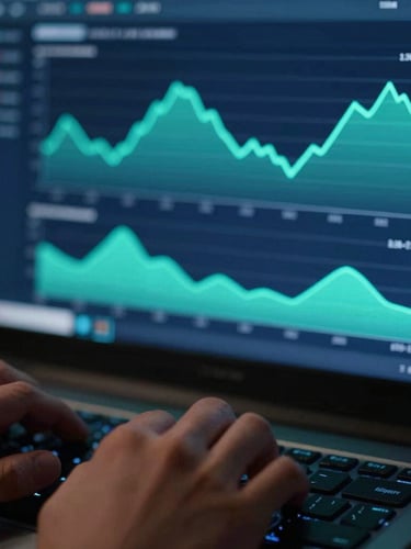 Macro shot of hands on keyboard, over-the-shoulder view of financial dashboard screen with glowing teal line charts, dark petrol blue background, 35mm