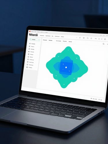 Sleek laptop displaying clean Power BI dashboard with vibrant teal and blue nodes on screen, moody low-key lighting, professional office environment in Niterói, sharp focus