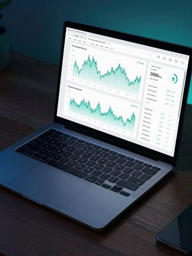 Sleek modern laptop on a dark wood desk displaying clean financial charts and Power BI dashboards, moody low-key lighting with teal and cyan glow, sharp focus, professional setup