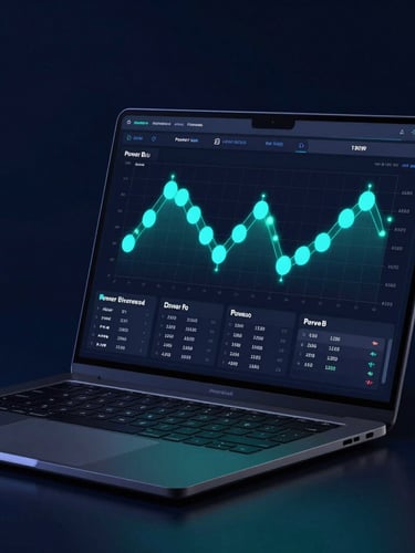 Sleek modern laptop displaying a dark-themed Power BI financial dashboard, vibrant teal and cyan nodes glowing on the screen, low-key dramatic studio lighting, 35mm