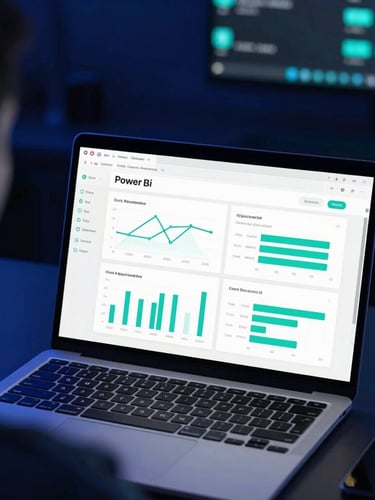 Over-the-shoulder view of a sleek laptop displaying clean Power BI charts, dark-mode tech command center lighting, vibrant teal accents, sharp focus, 35mm
