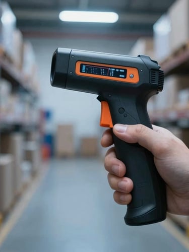Close-up of a ruggedized handheld scanner displaying a digital manifest, in a modern distribution center, cool studio lighting, sharp focus.