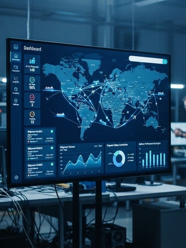 High-resolution mockup of QuickShip's dashboard UI with an interactive map showing real-time shipment routes, data visualizations, and a search bar for tracking numbers, cool blue lighting, sharp focus, 35mm lens