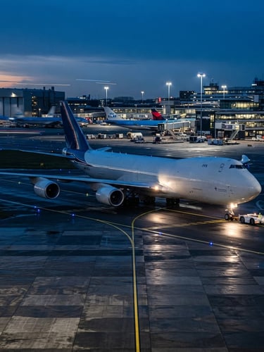 Wide panoramic view of a cargo plane in transit under cool blue hour industrial lighting, sharp focus, high-contrast technical tones.