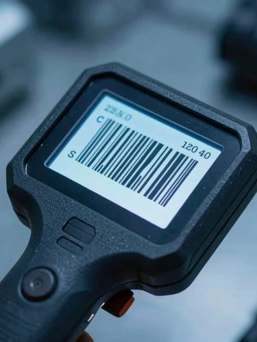 Macro photograph of a ruggedized handheld scanner displaying a crisp digital barcode interface under cool blue industrial lighting
