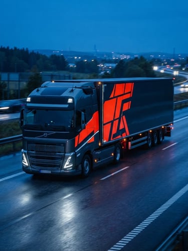 Modern transport truck on highway during blue hour, high-visibility orange overlay on truck's side panels, cool studio light, sharp focus, 35mm lens