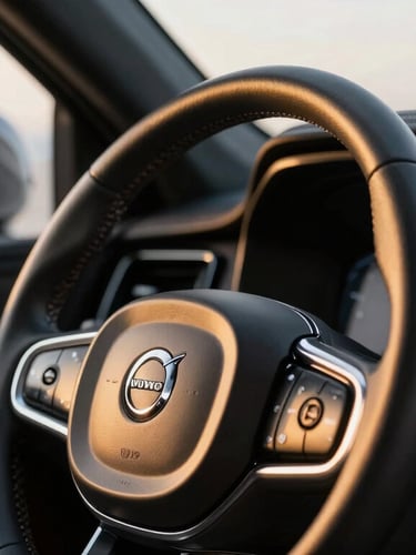 Close-up of a premium leather steering wheel and digital dashboard console of a modern Volvo SUV, golden hour window light, shallow depth of field, 35mm