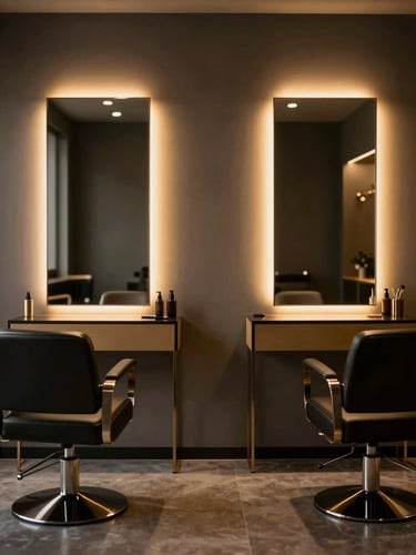 Symmetrical shot of pristine luxury salon stations, warm directional studio lighting, deep charcoal and gold accents, clean mirrors, shallow depth of field, premium editorial photography