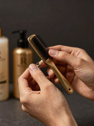 Close-up of a stylist’s hands using premium grooming products under warm directional studio light, shallow depth of field, luxurious charcoal background