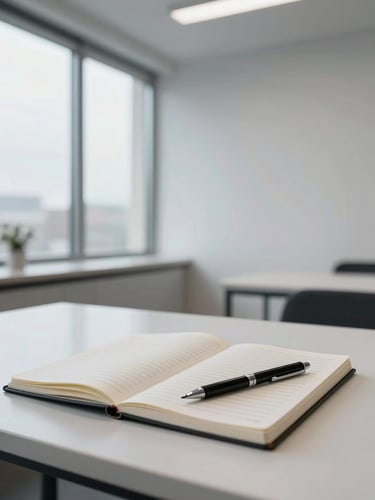 Wide panoramic view of a minimalist coaching workspace — an open notebook with a structured planning grid visible on a white desk, a single pen resting on it, cool overcast natural light from a large window to the left, generous negative space to the right