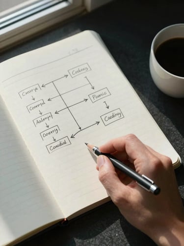 Overhead close-up of a founder's planning surface — open notebook with a hand-drawn decision matrix, a mechanical pencil mid-rest, coffee to the far right, cool north-window light casting clean shadows across the page