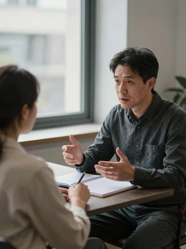 Wide editorial frame, a coach and client seated across a narrow desk mid-conversation, the coach gesturing toward a strategy notebook open between them, cool north-facing window light, shallow depth of field, charcoal and off-white tones, no smiles — focused exchange, shoulder-up framing
