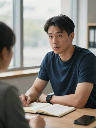 Shoulder-up shot of a coach and client seated at a desk mid-conversation, natural north-facing window light, one open notebook visible, focus expressions, editorial framing