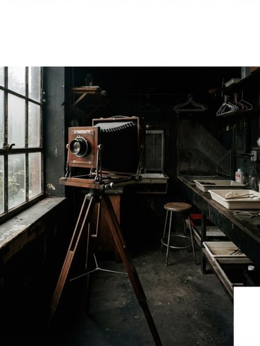 Wide panoramic darkroom interior, an 8x10 bellows camera positioned near a large window, low-key side lighting, deep shadows.