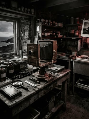 Wide environmental shot of a coastal darkroom, large-format bellows camera resting on a wooden table, low-key side lighting, deep shadows, rich monochrome tones.