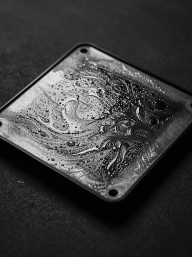 Portrait framing, close-up of a wet-plate glass edge resting on a dark charcoal surface, dramatic low-key side lighting revealing the tactile chemical texture and silver tones, deep shadows.
