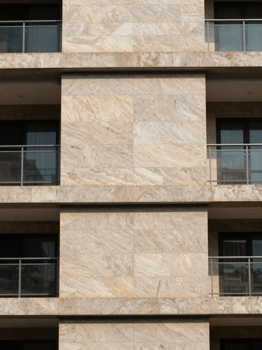 Close architectural detail of a completed luxury apartment facade in Mumbai — precision-cut stone cladding joints at 1-metre distance, north-facing daylight revealing material texture and geometry, strong horizontal shadow lines