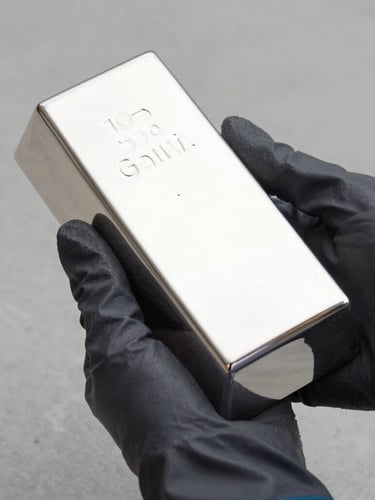 Close-up of gloved hands carefully holding a heavy polished silver bar, capturing the reflection of soft studio light, minimalist concrete background.