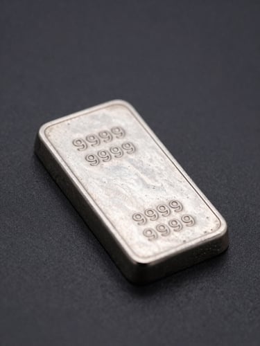 Macro photography of a minted .9999 silver bar, showing engraved serial numbers and crisp metallic edges, soft diffused studio lighting, deep charcoal background.